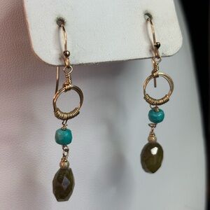 Gold Wire Wrapped Teal and Olive Green Dangle Earrings